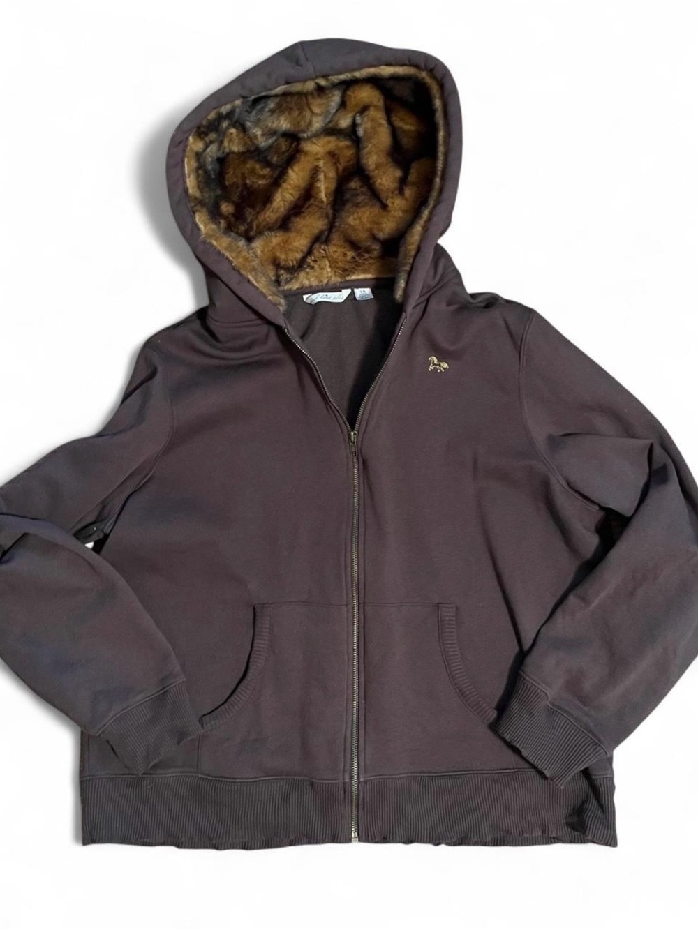 Derek Heart Brown Jacket with Fur Hood & Gold Embroidered Horse